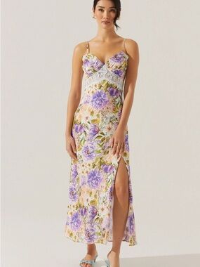 Astr Ivanna Lavender Floral Lace-Trim Maxi Slip Dress